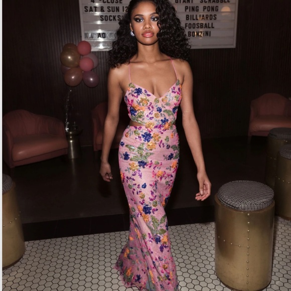 MAC DUGGAL 68067 PINK MULTI EMBELLISHED LACE STRAPPY COLUMN GOWN sz 2 - Picture 2 of 7